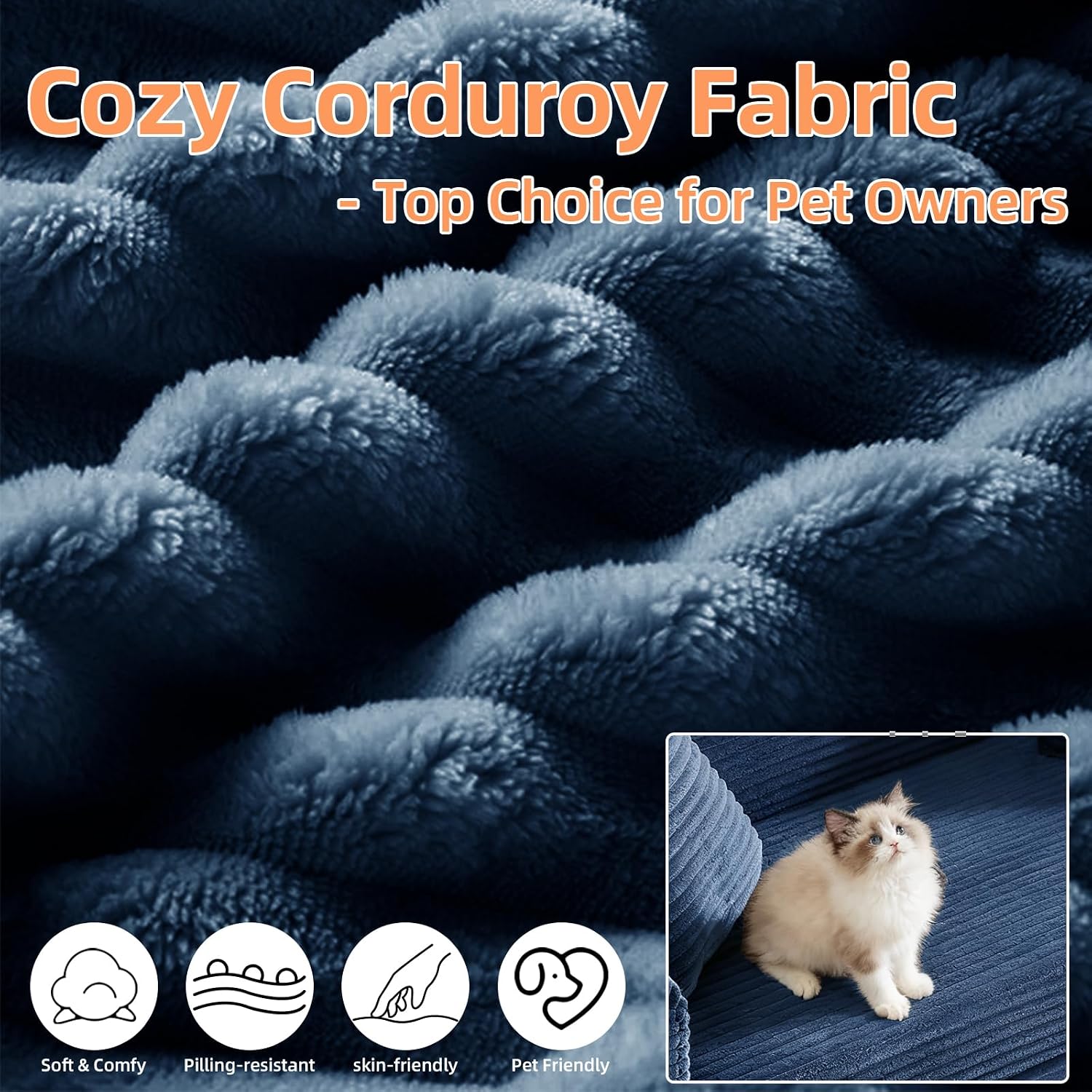 78 Inch Convertible Folding Sleeper Sofa Bed, Fold Out Floor Sofa Couch with Fixed-Shape Frame, Cloud Corduroy Foldable Mattress Couch for Living Room Bedroom (Blue)
