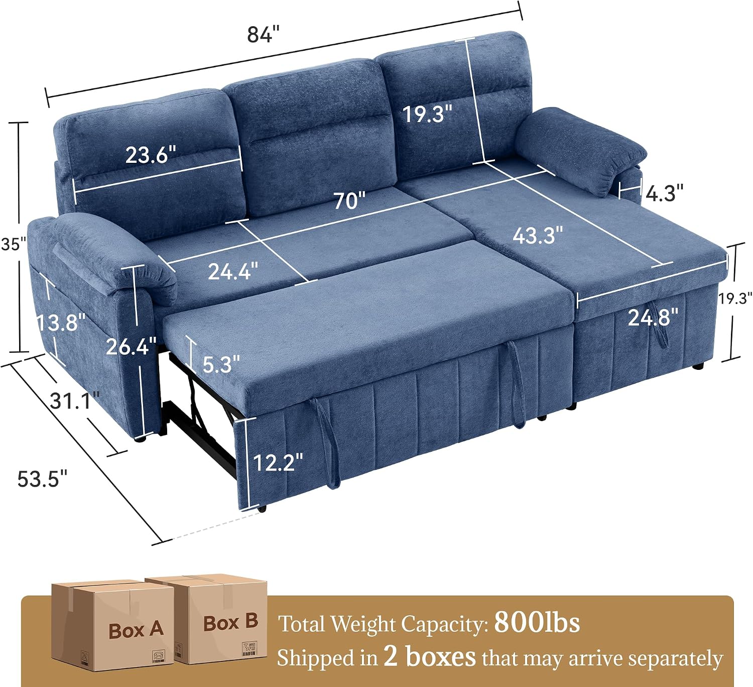 Tbfit 84'' Sleeper Sofa Bed, 3 in 1 Cloud Pull Out Sofa Couch with USB & Storage Chaise, Chenille Convertible Sofa Bed with Pull Out Bed, Couches for Living Room, Apartment, Office, Blue