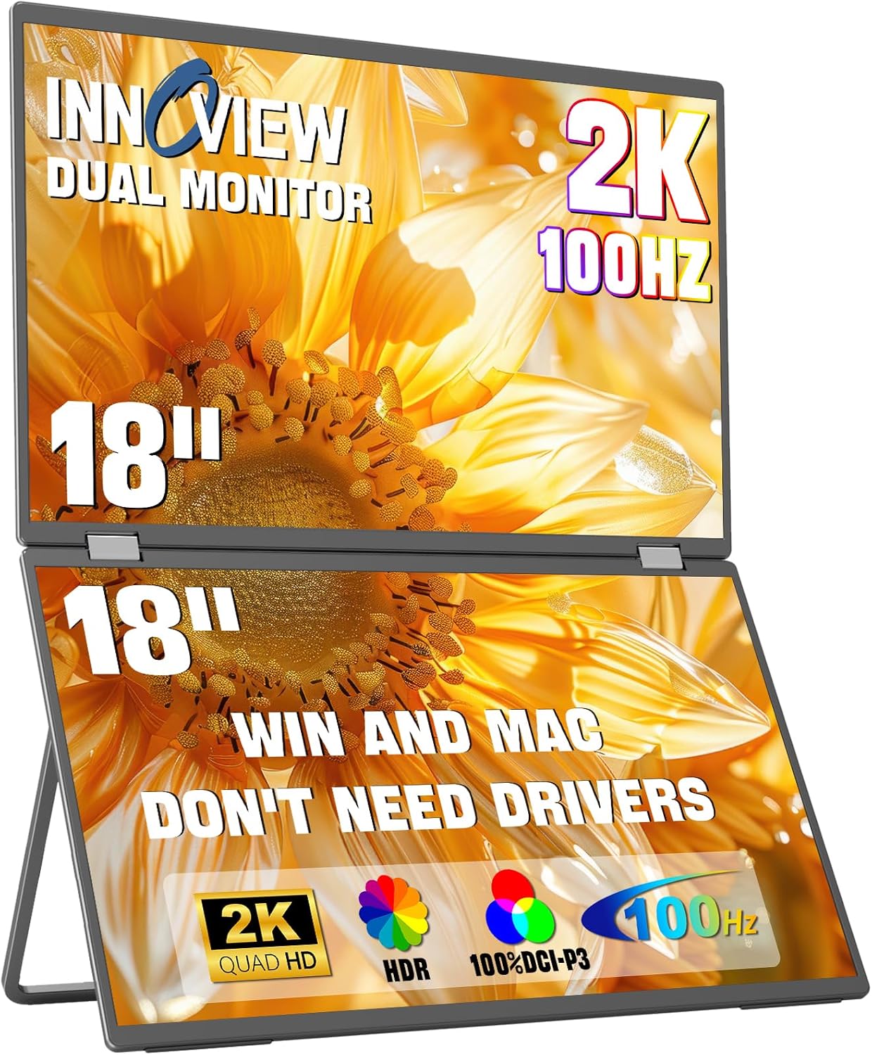 InnoView Dual Portable Monitor 18' 2560x1600P 100Hz 2K 100% DCI-P3 - Foldable & Stackable Design with 315° Screen Adjustment & 180° Stand | DP/USB-C/HDMI, Second Monitor for Laptop, Mac, Windows