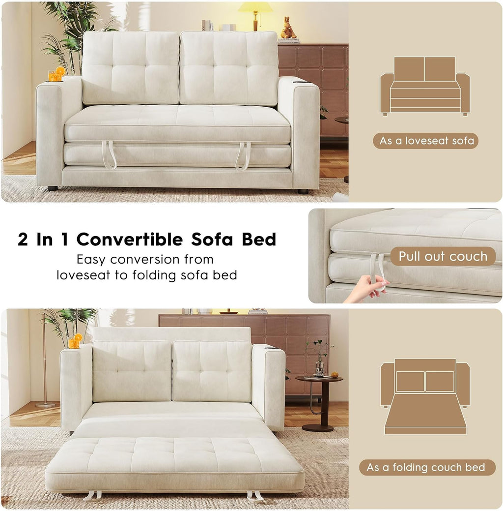55' Convertible Folding Sofa Bed, Pull Out Couch Love Seat Sleeper Bed, Small Fold Out Loveseat sleeper with Cup Holder and Pillow for Small Space, Bedroom Lounge, Dorm, Living Room(Beige Chenille)