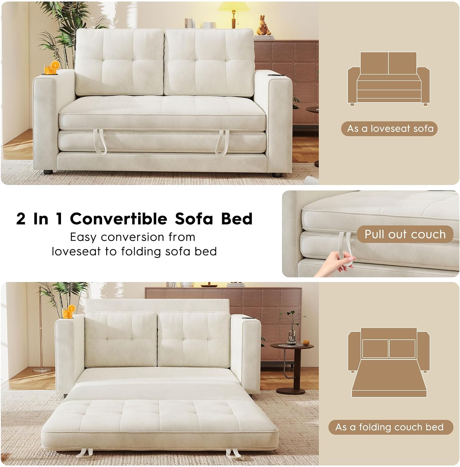 55' Convertible Folding Sofa Bed, Pull Out Couch Love Seat Sleeper Bed, Small Fold Out Loveseat sleeper with Cup Holder and Pillow for Small Space, Bedroom Lounge, Dorm, Living Room(Beige Chenille)