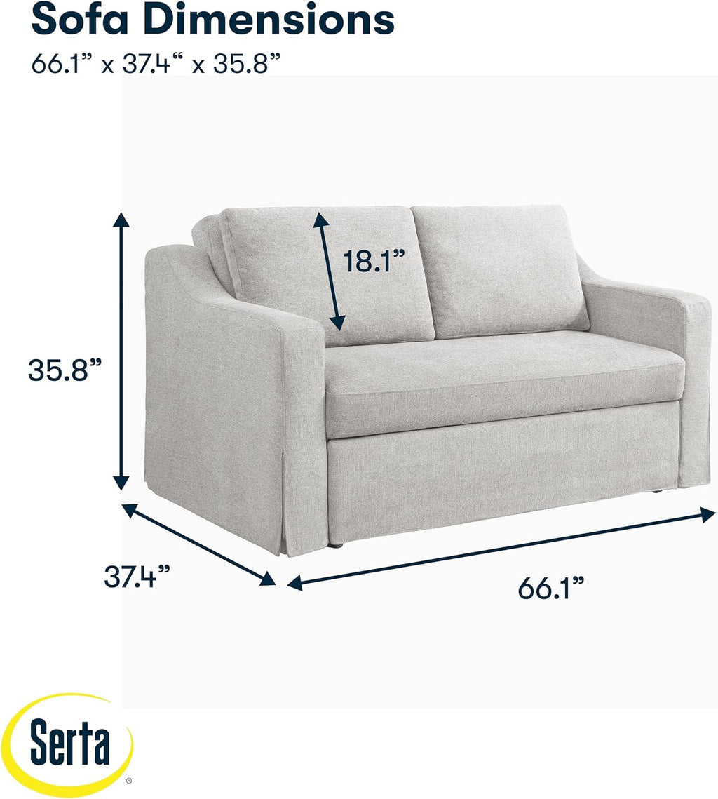 Serta Hawthorne 66.1' Slipcovered Convertible Sleeper Loveseat, Full Size, Dreamcoil Comfort, FingerGuard Pinch Point Protection, Polyester Tweed Fabric, Linen
