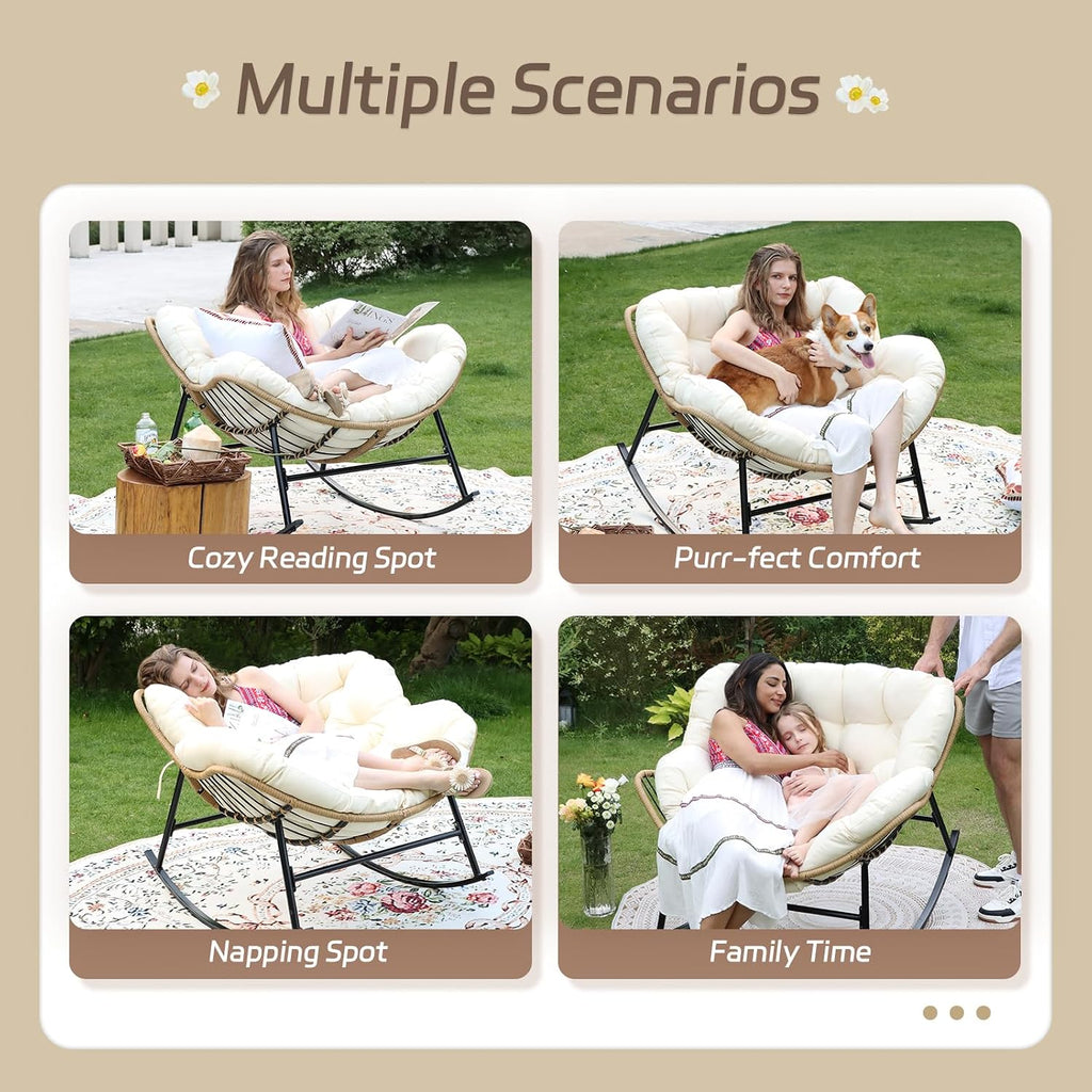 BULEXYARD Oversized Papasan Rocking Chair Set of 4, Double Wide Egg Rocking Chair with Ottomans and Cushion, 450 Lbs, Wicker Rattan Royal Loveseat Recliner for Indoor Outdoor Backyard, Garden Beige