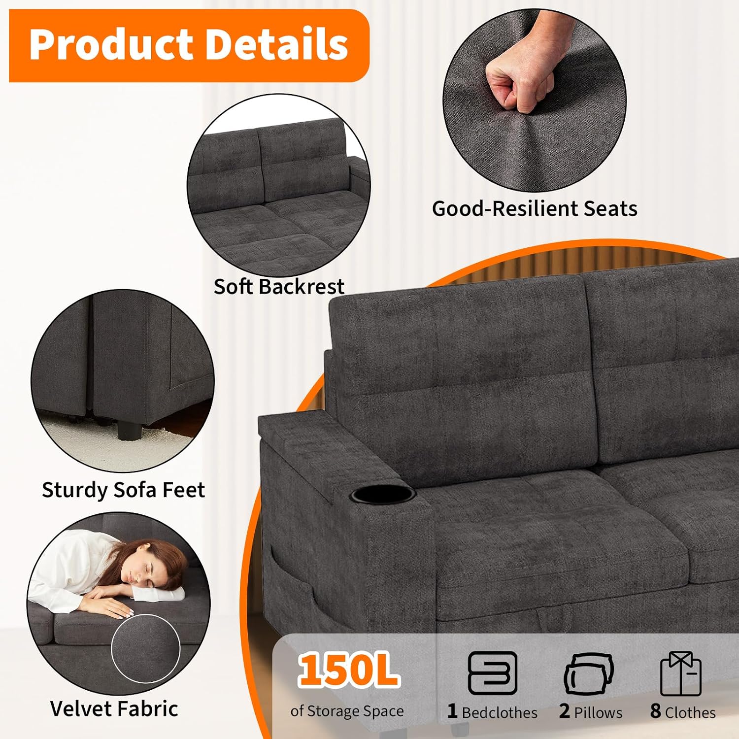 IDEALHOUSE Couches for Living Room, 84'' Sofa Bed，l-Shaped Sectional Sleeper Sofa with Pull Out Bed，Reversible Storage Chaises， Hidden Storage Armrests，Cup Holders & USB Charging Ports