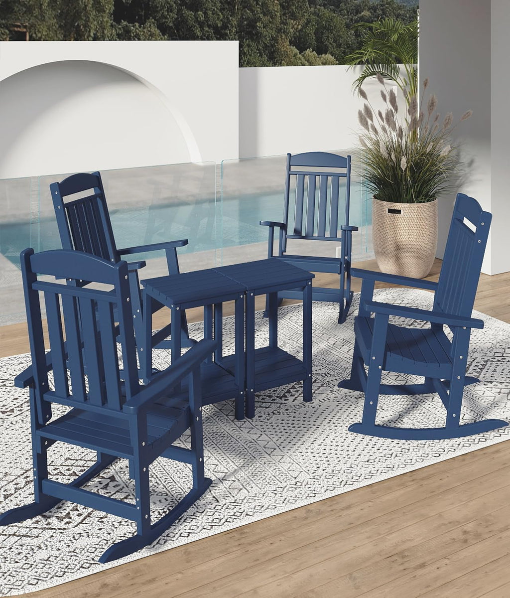 FOOWIN 3-Piece Outdoor Rocking Chairs Set, High Back Patio Rocker with Side Table, HDPE All Weather Resistant Oversized Rocking Chairs for Indoors, Porch, Patio, Backyard, Navy Blue