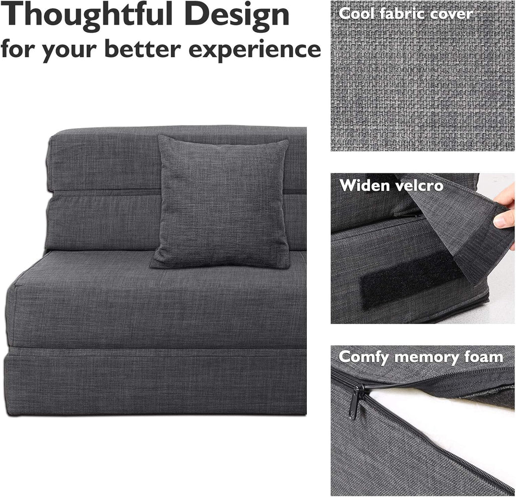 ANONER 60' Fold Sofa Bed Couch Memory Foam with 2 Pillows Futon Sleeper Chair Guest Bed and Fold Out Couch, Washable Cover Queen Size, Dark Gray