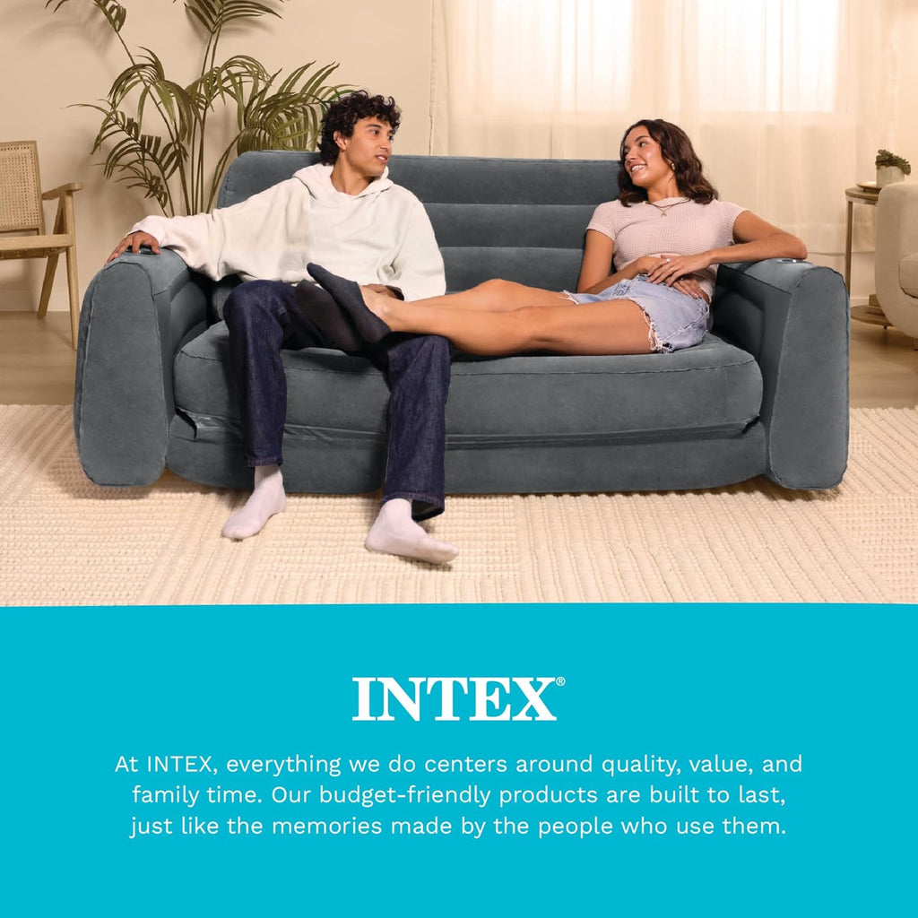 Intex 2 in 1 Inflatable Pull Out Sofa and Queen Size Air Bed Mattress with Cup Holders for Indoor and Outdoor Use for Adults (2 Pack), Charcoal Gray