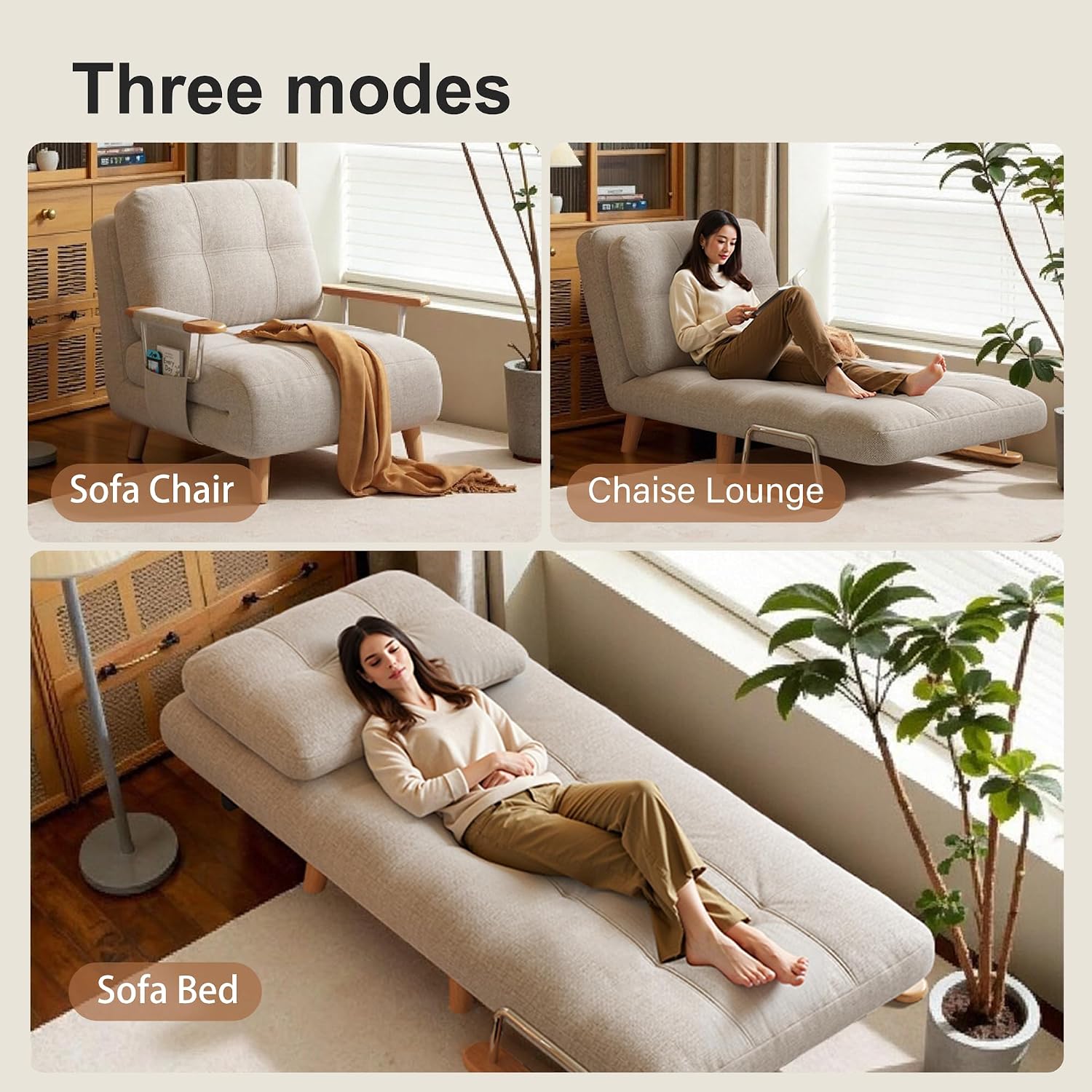 5-in-1 Convertible Chair Bed Sleeper, 5-Position Adjustable Backrest & Storage, 28' Compact Modern Sleeper Chair for Small Spaces, Guest Room, Living Room (Single Sofa bed-28.35')