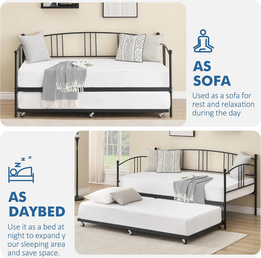 IDEALHOUSE Twin Daybed with Trundle, Metal Twin Size Daybed with Pullout Trundle 6 Casters, Steel Slat Support Sofa Bed for Living Room, Bedroom, Guest Room (Black)