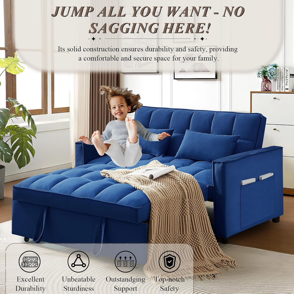 3 in 1 Convertible Sleeper Sofa Bed, Futon Couches for Living Room with Side Pocket/Adjustable Backrest, Velvet Upholstered Pull Out Couch, Small Loveseat Sofa Bed for Bedroom Office Small Spaces
