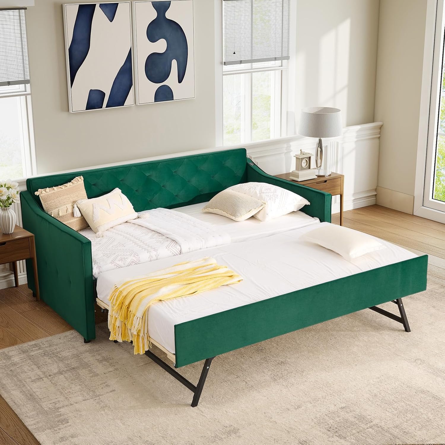 Antetek Daybed with Pop up Trundle, Fabric Upholstered Twin Size Day Bed Pull-Point Sofa Daybed Frame w/Twin Roll-Out Trundle/USB Port, Furniture for Bedroom, Living Room, Guest Room, Green