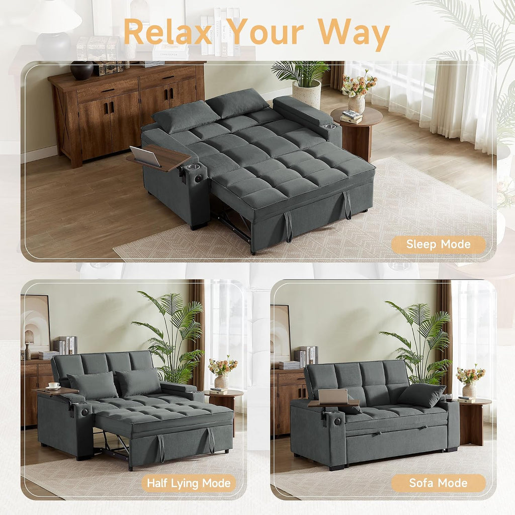 Auvsoce 65' Sleeper Sofa Bed Loveseat, Convertible Couch for Living Room, RV Sofa with Adjustable Backrest, Chaise Lounge, Side Table, USB & Type-C Ports
