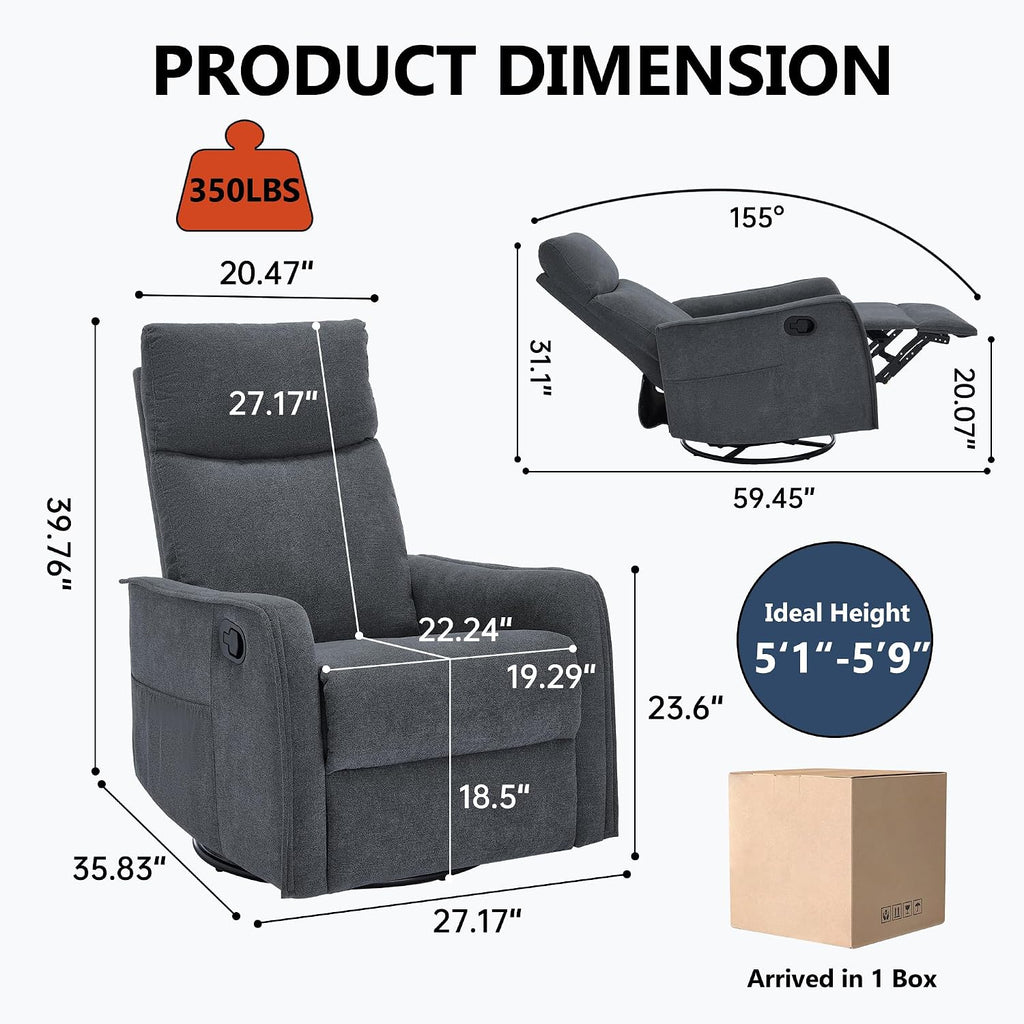 Massage Chair Recliner with Heat, 360° Swivel Glider Rocker with Reclining Backrest and Footrest, Manual Lazy Boy Recliners for Adults, Modern Nursery Rocking Chairs (Dark Grey)
