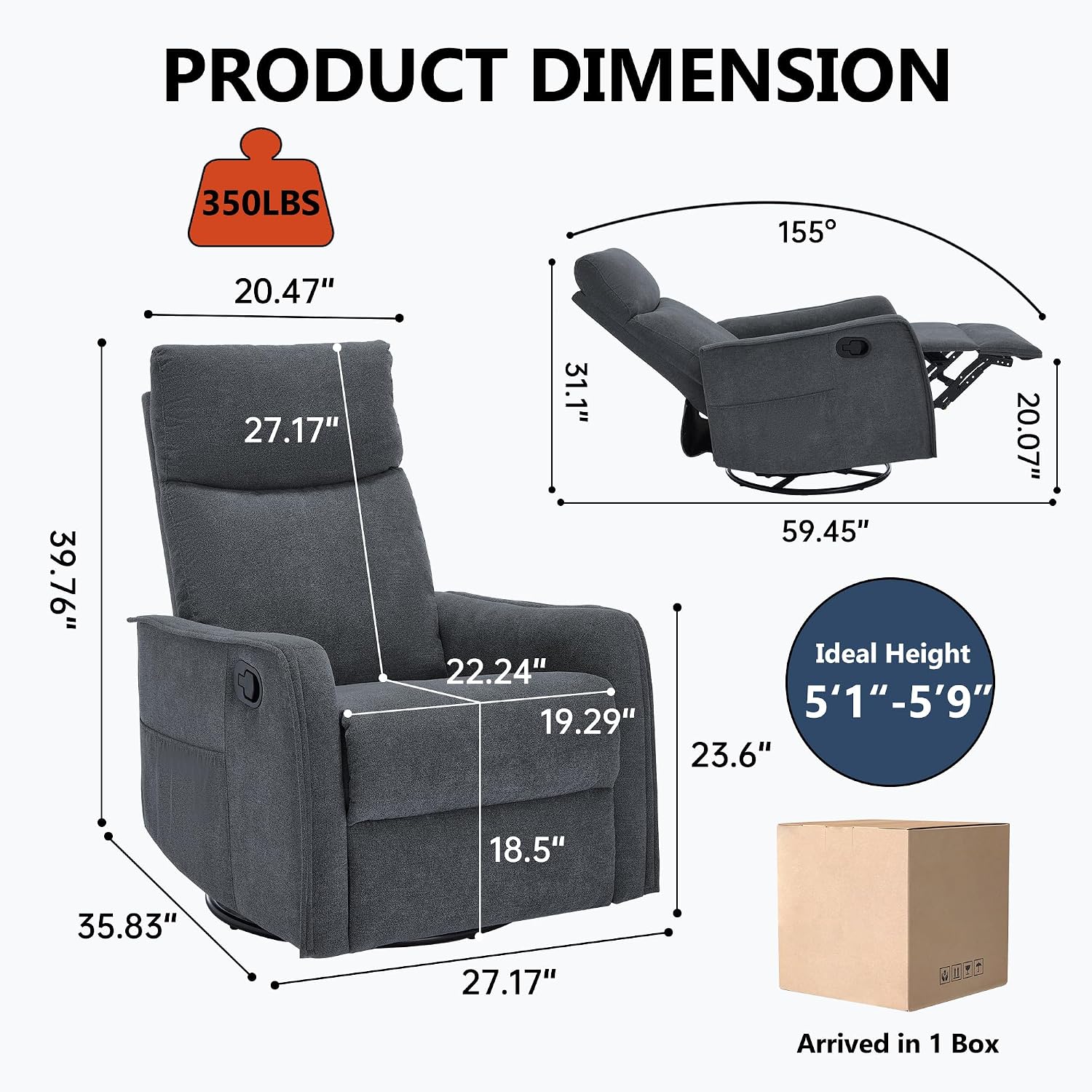 Massage Chair Recliner with Heat, 360° Swivel Glider Rocker with Reclining Backrest and Footrest, Manual Lazy Boy Recliners for Adults, Modern Nursery Rocking Chairs (Dark Grey)