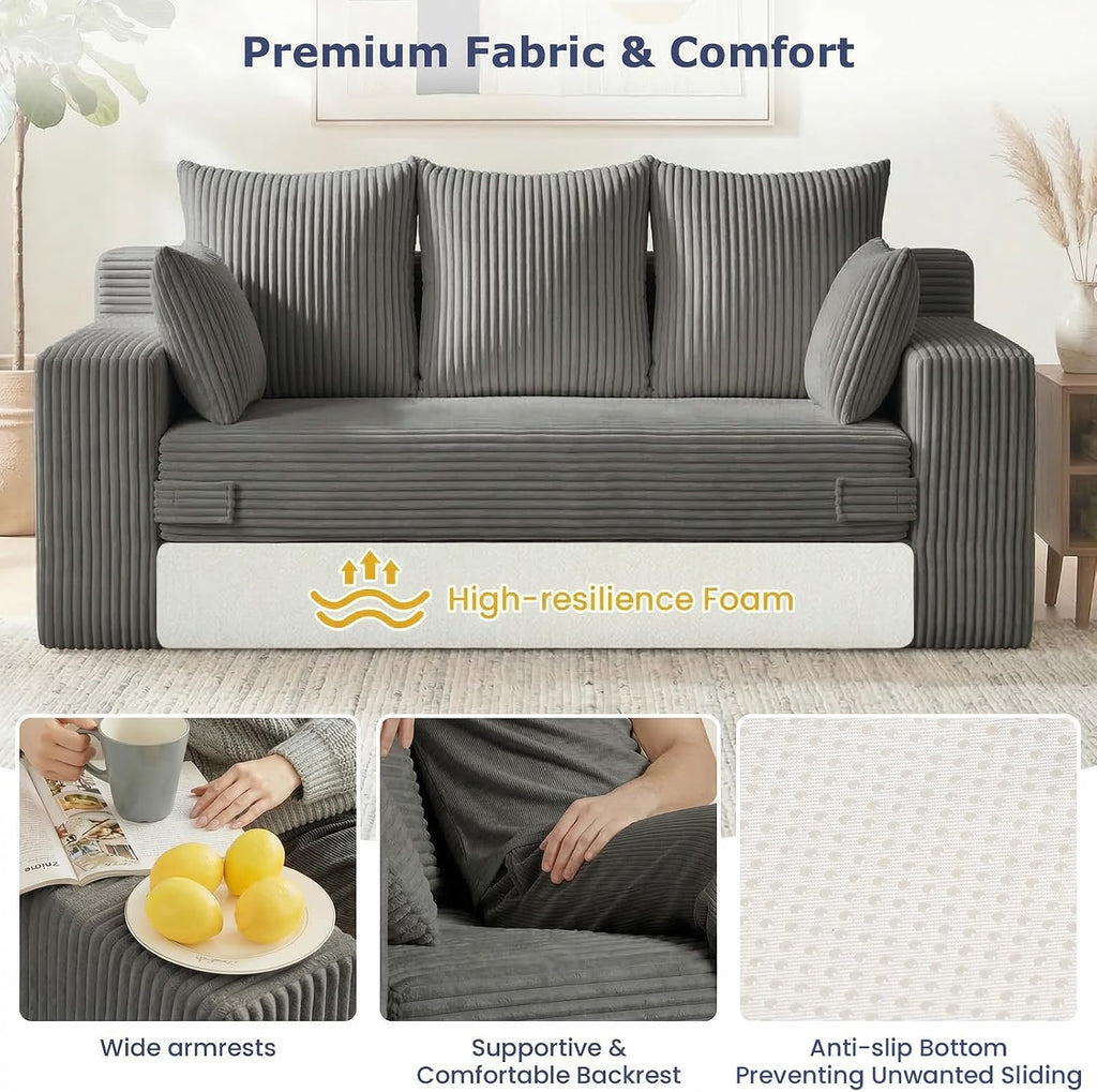 Boneless Couch for Living Room, 3 Seater Convertible Futon Sofa Bed Comfy Pull Out Couch with 5 Pillows & Detachable Washable Cover, Upholstered Floor Sofa in A Box, No Assembly Required, Grey