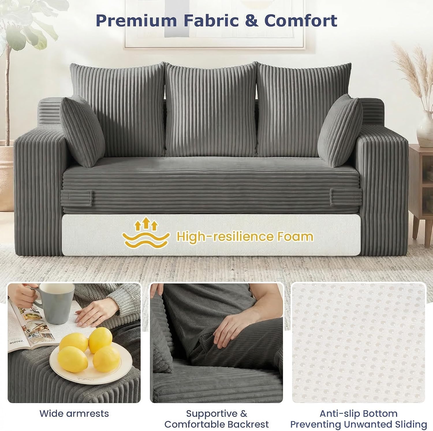 Boneless Couch for Living Room, 3 Seater Convertible Futon Sofa Bed Comfy Pull Out Couch with 5 Pillows & Detachable Washable Cover, Upholstered Floor Sofa in A Box, No Assembly Required, Grey