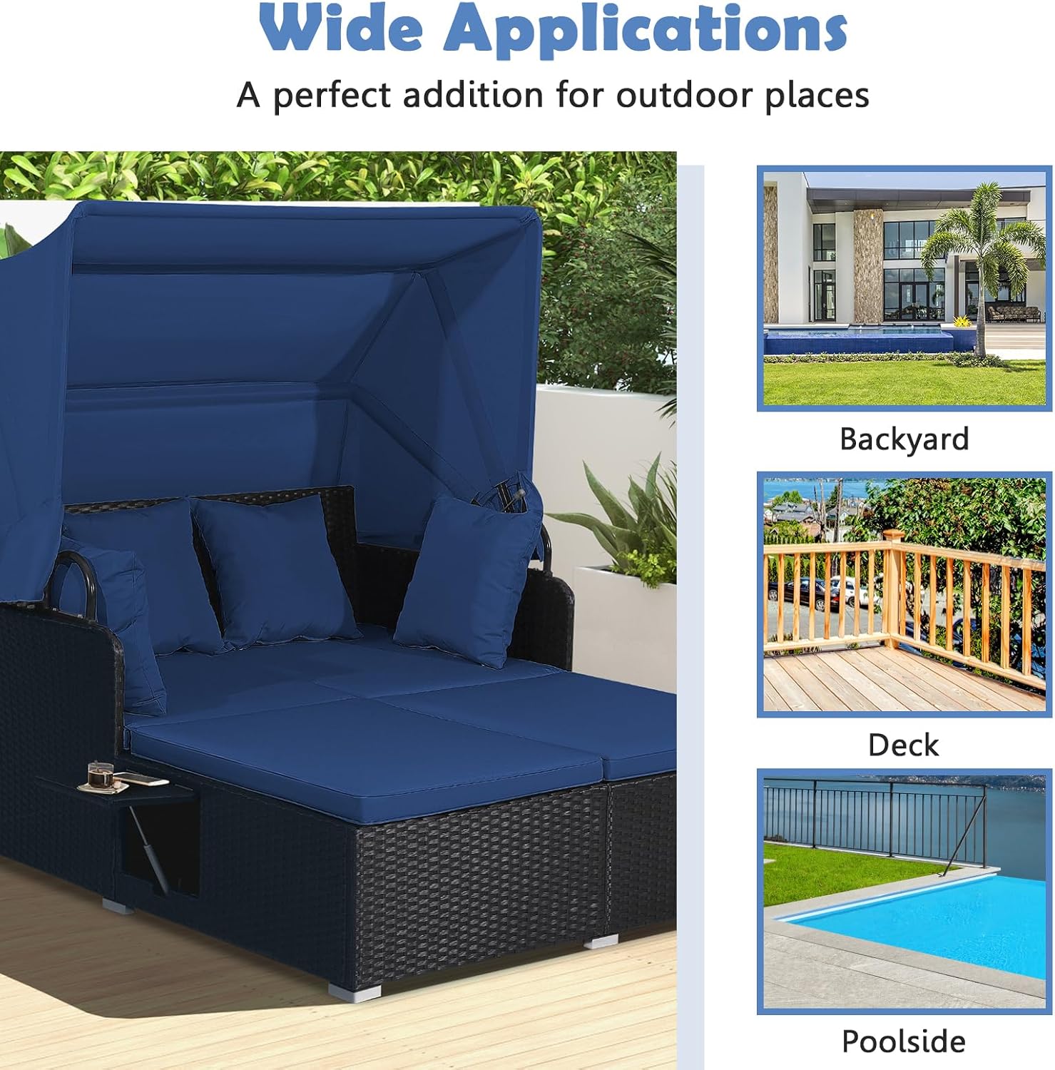 Tangkula Patio Rattan Daybed with Retractable Canopy, Outdoor Wicker Sunbed Lounger with 2 Foldable Side Tables, Thick Seat & Back Cushions, Outside Double Daybed for Garden, Backyard, Porch, Navy