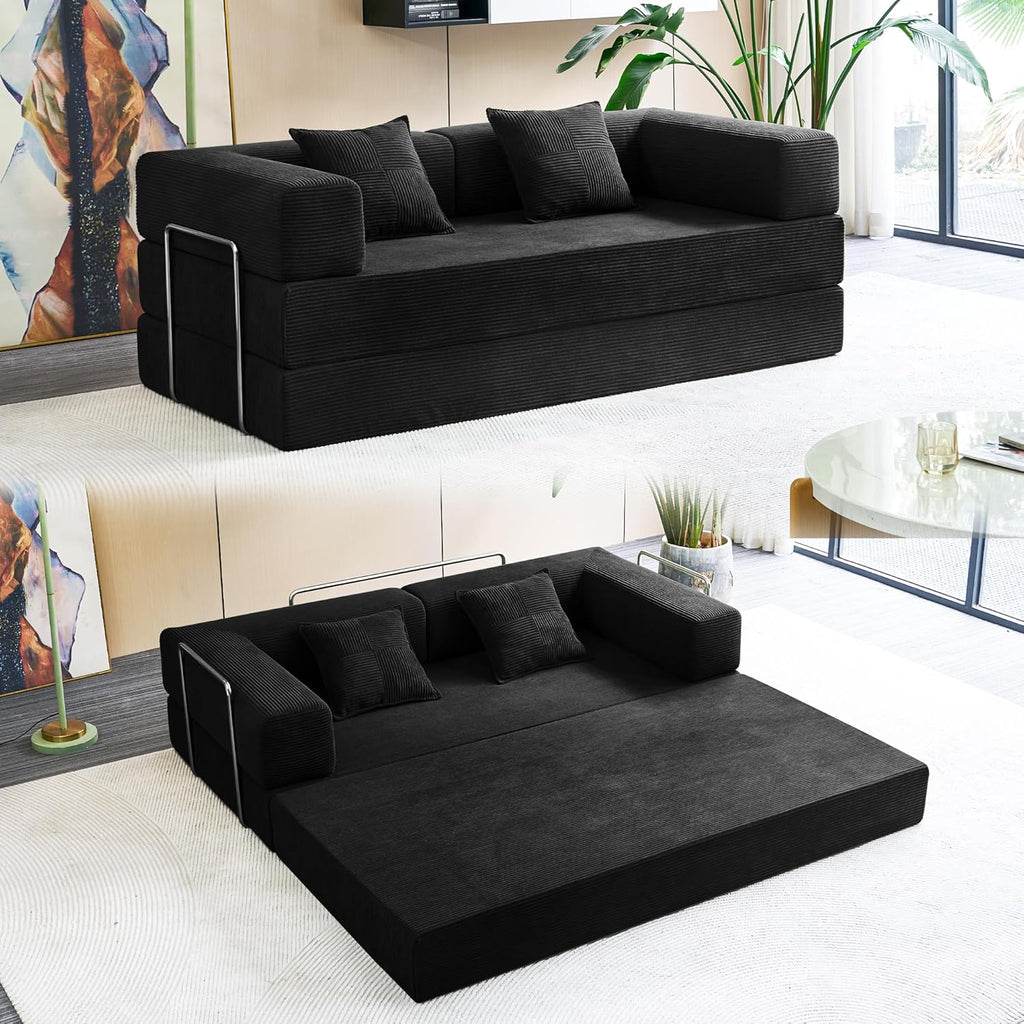 Compression Sofa - 78''Convertible Floor Sofa Bed - with Pillow Back Support Armrest - Comfy Foldable Sofa Bed Compressed Sofa in Box - Corduroy Fabric - for Living Room Bedroom(Black)