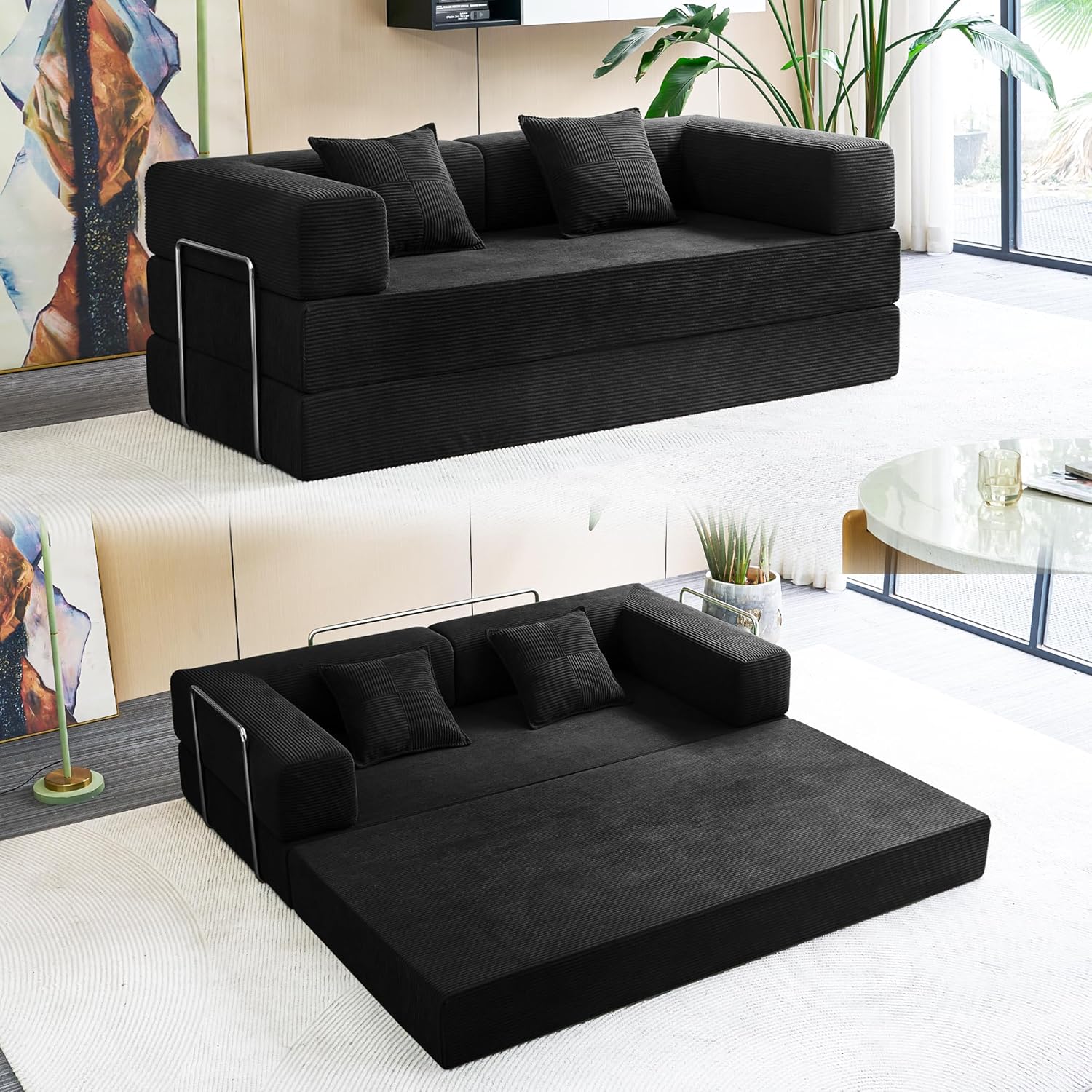 Compression Sofa - 78''Convertible Floor Sofa Bed - with Pillow Back Support Armrest - Comfy Foldable Sofa Bed Compressed Sofa in Box - Corduroy Fabric - for Living Room Bedroom(Black)