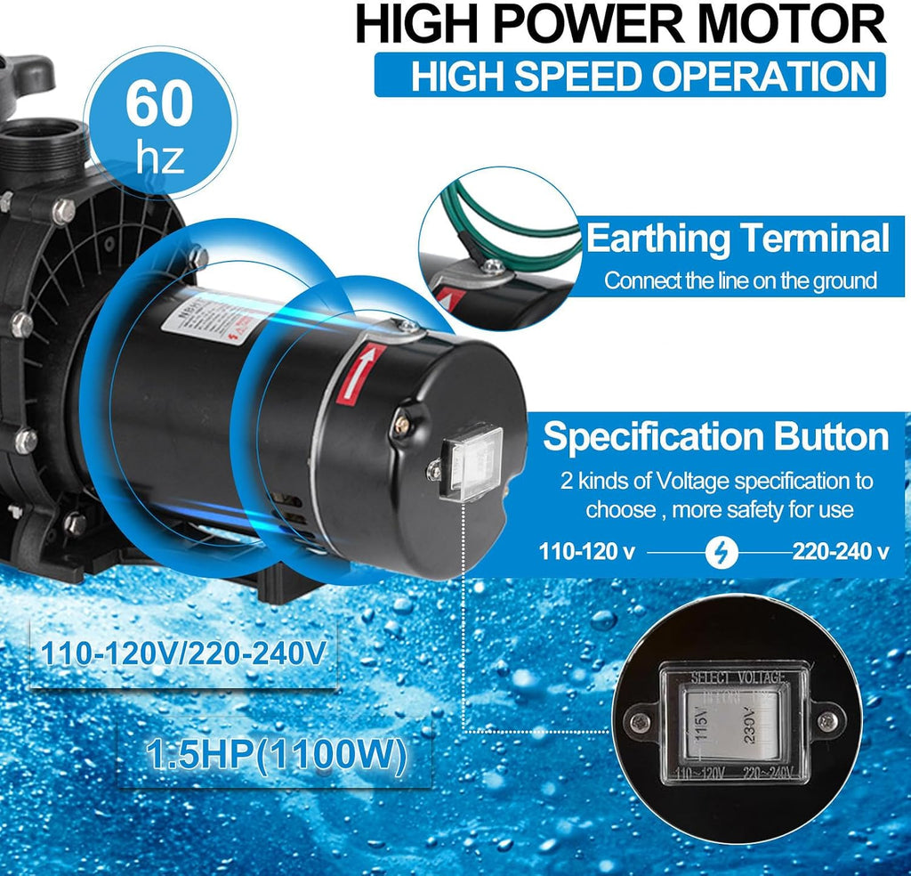 Leomru 1.5 HP Pool Pump 6500 GPH Self Priming in/Above Ground Swimming Pool Pump 110V/220V Dual Voltage Single Speed Pumps with Strainer Basket 6Pcs Connectors