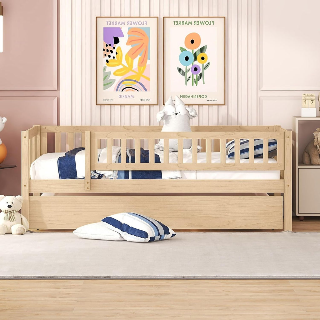 Twin Wood Bed Frame with Fence Railings and Trundle,Low Montessori Kids Platform Bed Frame with Full-Length Safety Guardrails,Dual-use Daybed for Bedroom and Living Room,Natural