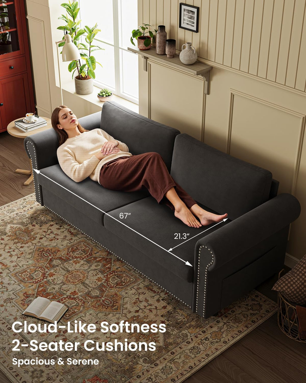 Queen Pull Out Sofa Bed | 83' Large Sleeper Sofa with Queen Size Mattress | 2-in-1 Convertible Loveseat Sofa-Bed with USB Ports Side Pockets Dark Grey