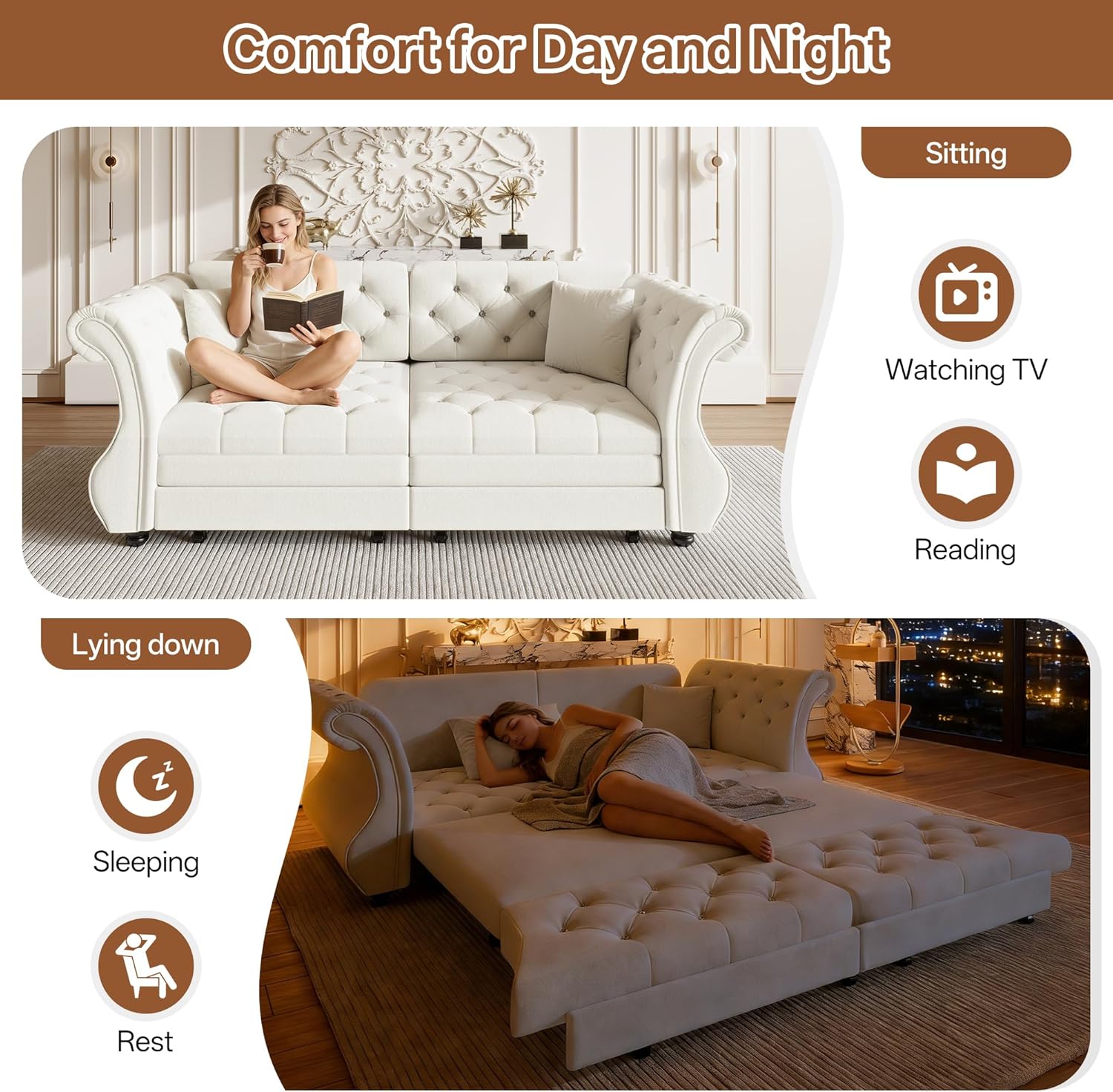 83.8' Oversized Pull Out Sofa Bed, Chesterfield Velvet Sleeper Sofa Couch with Roll Arm & Flower Tufting, Heavy Duty Metal Frame Convertible Sofa for Living Room, Apartment, Guest Room, Beige | Pull Out, Roll Arm, Flower Tufting, Convertible
