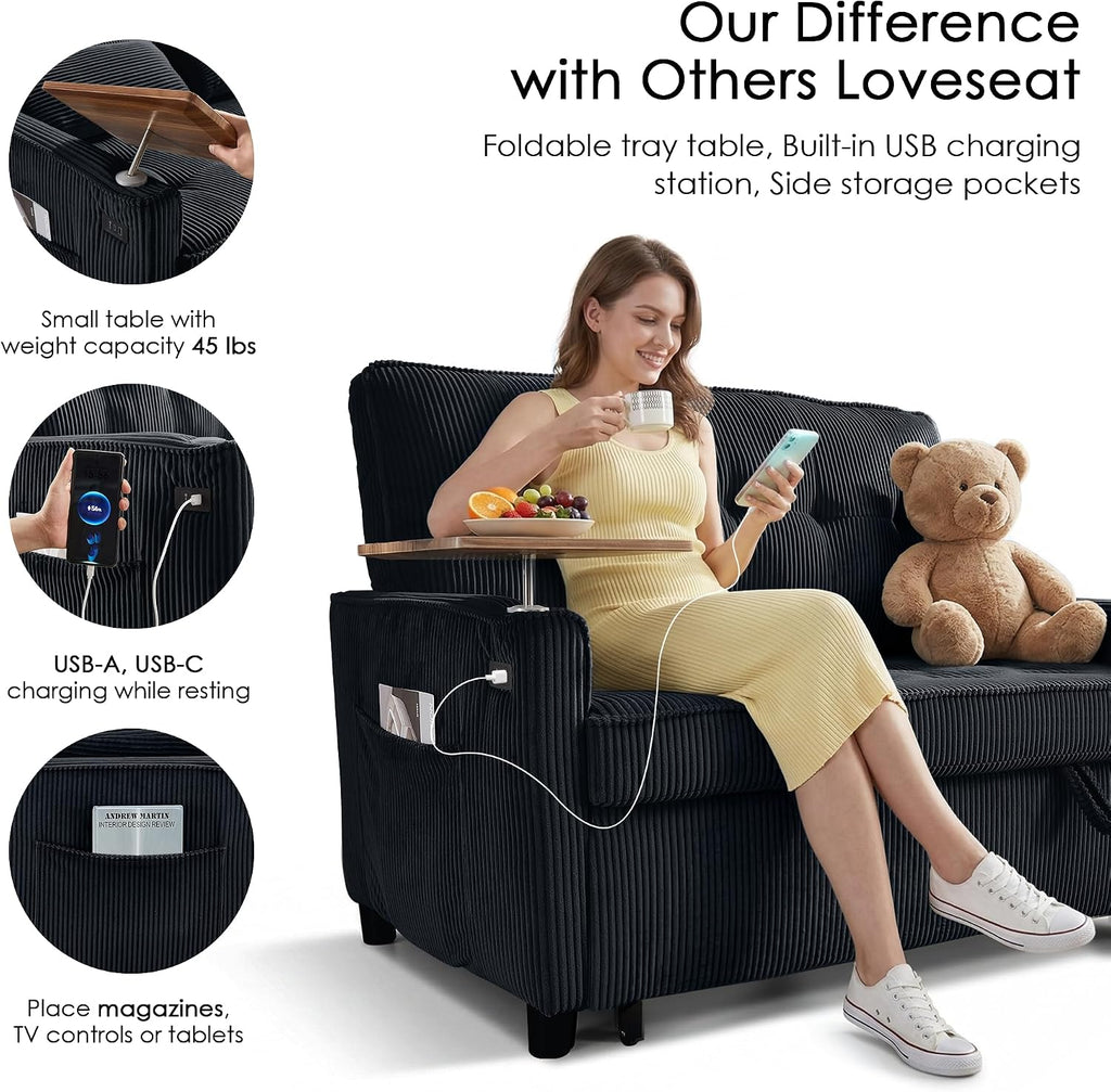 Sleeper Sofa Bed, 54'' Convertible Pull Out Couch with Small Table| USB Port | Side Pockets | Corduroy Fabric | Adjustable Backrest for Apartment, Office, Bedroom, Guest Room (Black)