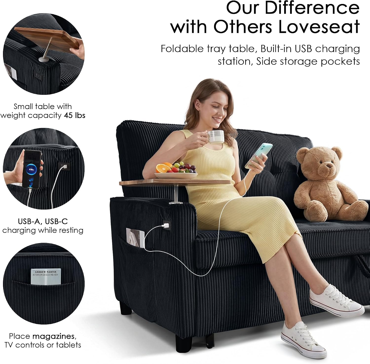 Sleeper Sofa Bed, 54'' Convertible Pull Out Couch with Small Table| USB Port | Side Pockets | Corduroy Fabric | Adjustable Backrest for Apartment, Office, Bedroom, Guest Room (Black)