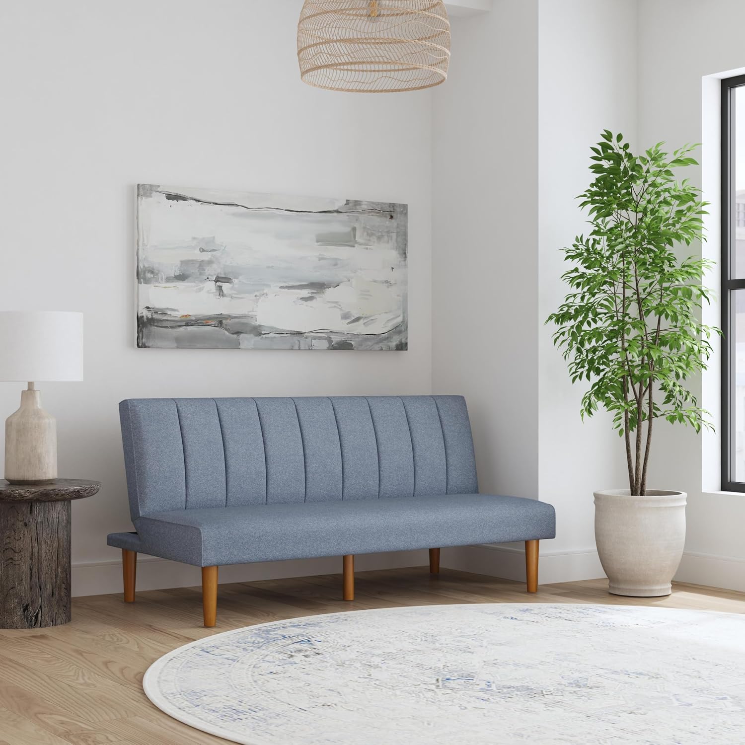 HomePop Upholstered Bergen Convertible Futon Sofa Bed, Modern Sofa Couches for Living Room, Small Spaces, Dorm, Apartment, Blue Woven