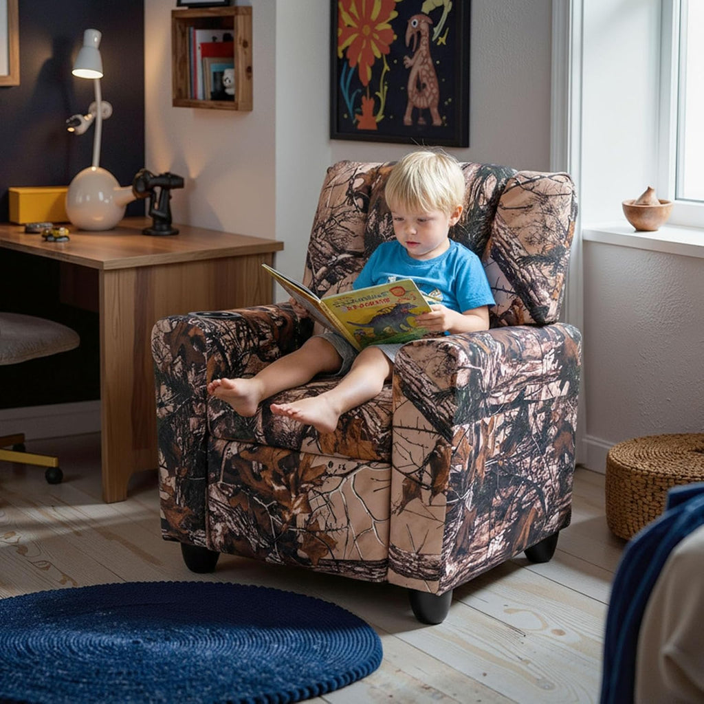 GLACER Kids Recliner with Cup Holder, Velvet Toddler Lounge Chair w/Adjustable Backrest & Footrest, Spring-Loaded Seat Cushion, Push Back Toddler Sofa for Boys & Girls Ages 3+ Years Old (Camouflage)