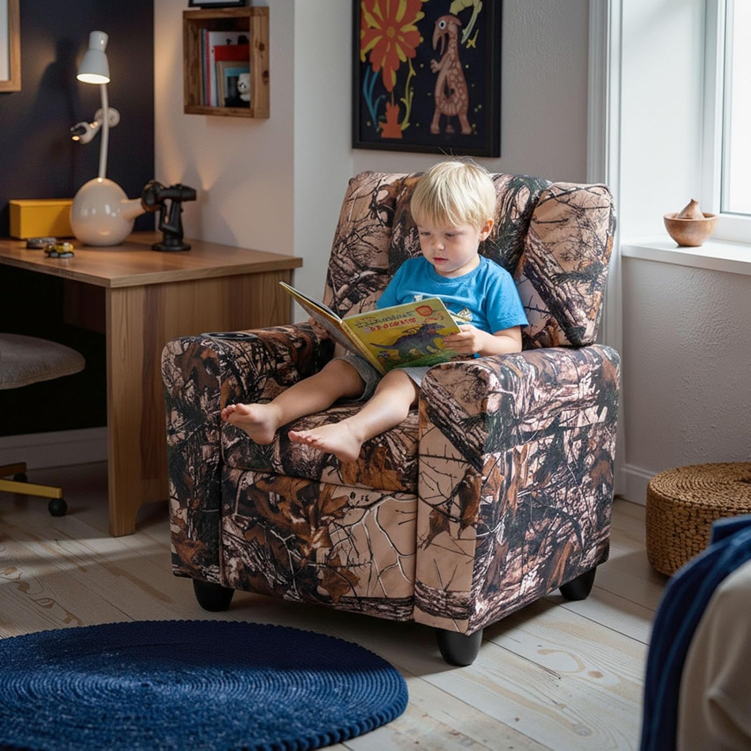 GLACER Kids Recliner with Cup Holder, Velvet Toddler Lounge Chair w/Adjustable Backrest & Footrest, Spring-Loaded Seat Cushion, Push Back Toddler Sofa for Boys & Girls Ages 3+ Years Old (Camouflage)