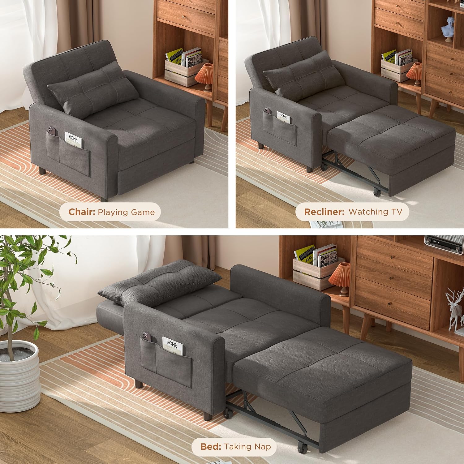 Aiho 34-Inch Sleeper Chair Bed, 3-in-1 Convertible Sofa Bed with Adjustable Backrest for Living Room or Apartment (Dark Gray)