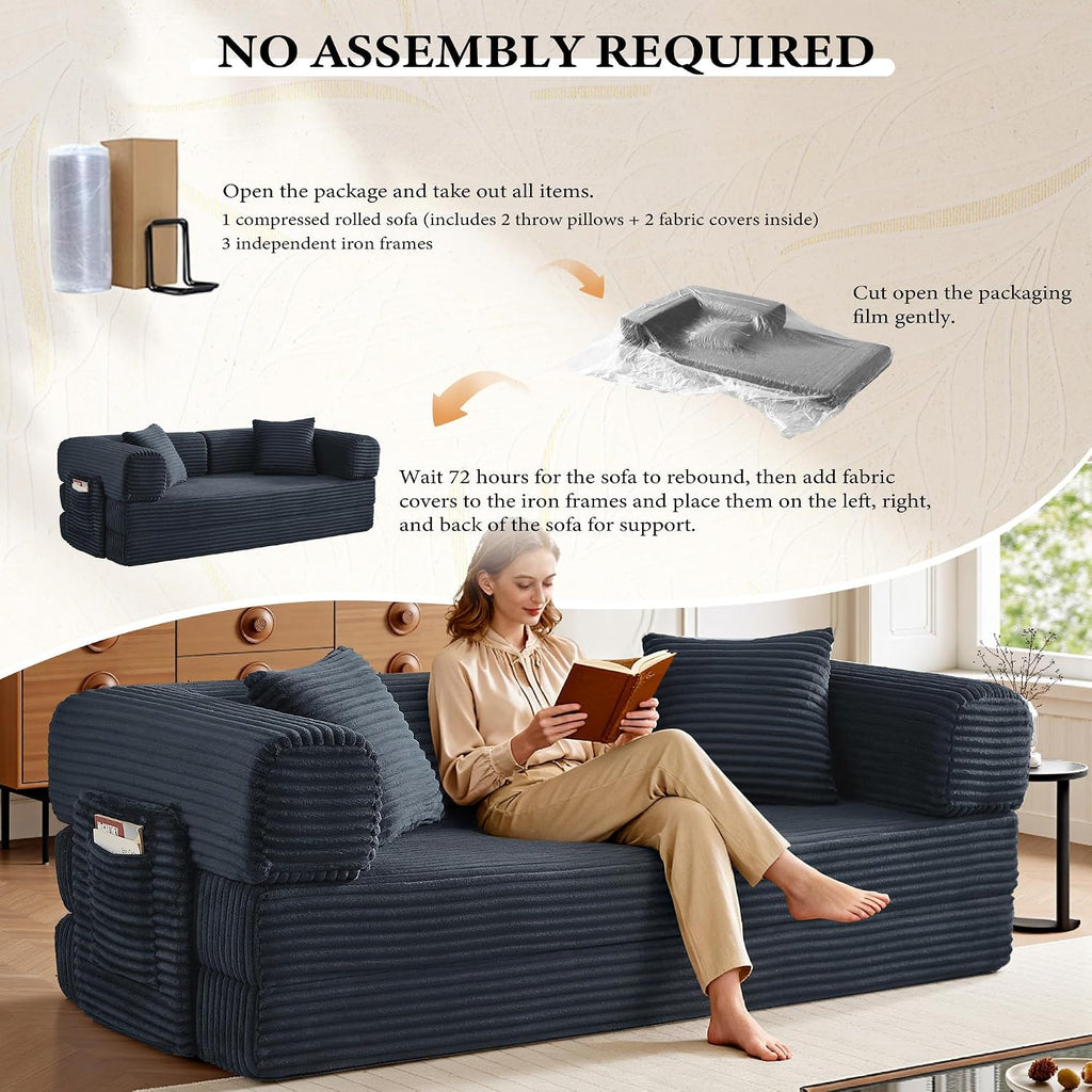 Boneless Couch Futon Sofa Bed Sectional Couches for Living Room,Cloud Couch with Sleeper Sofa,Sofas for Living Room Oversized Corduroy Upholstered (Gray, 81 Inches (with Iron Frame))