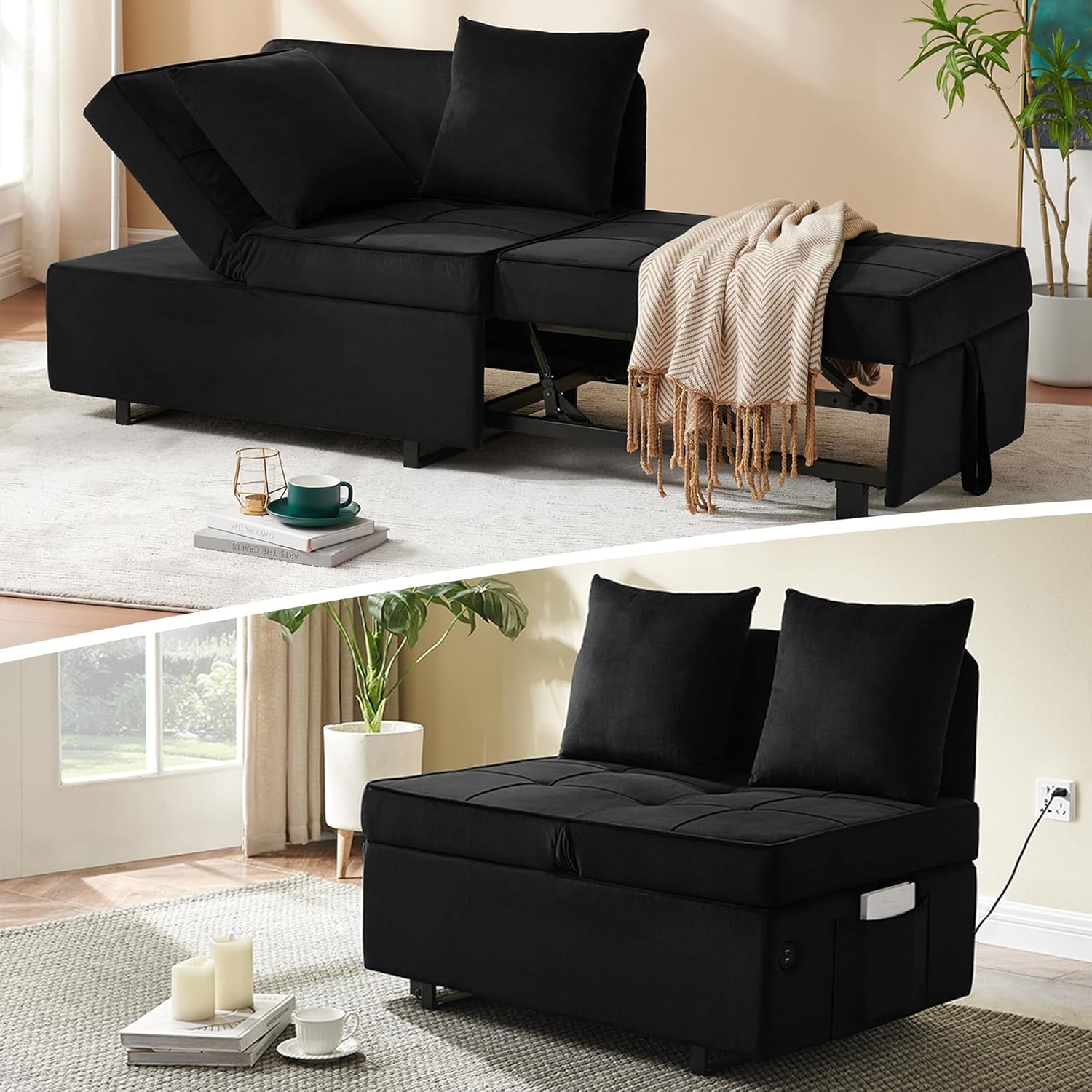 Sofa Bed 4-in-1 Convertible pull out Couch, Velvet Love seat Couch Sleeper Chair Bed with 2 Throw Pillow, Single Recliner with 5 Adjustable Backrests for Living Room Apartment Small Space, Black