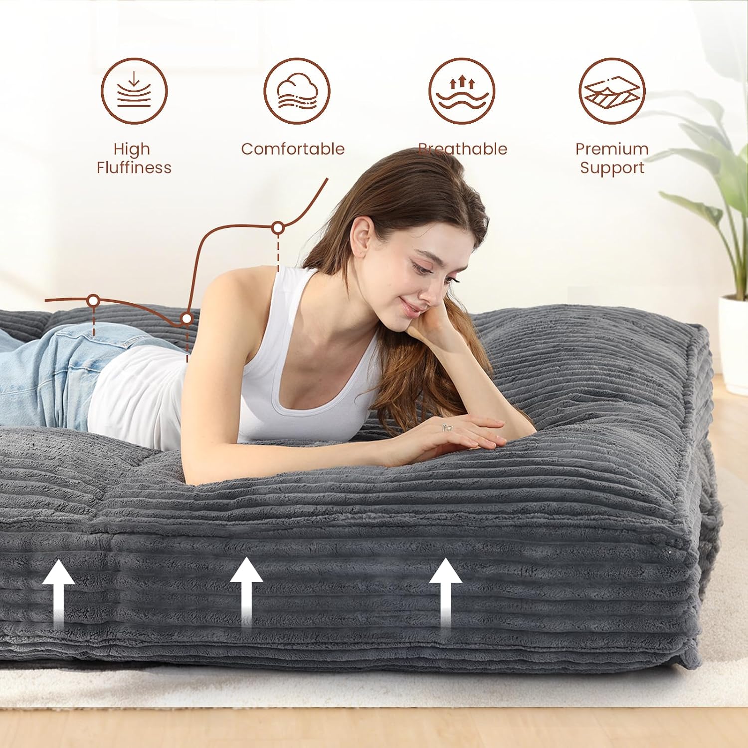 10' Futon Mattress Queen Size,Futons Sofa Couch Bed with Straps, Thick Corduroy Floor Mattress for Adults, Roll Up Folding Mattress Shredded Foam Filling, Medium Firm (Gray, Full)