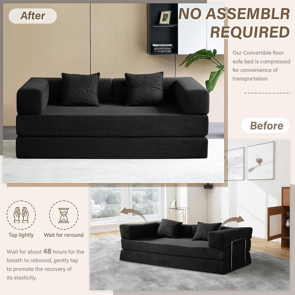 YINIX Foldable Sofa Bed, 78'' Folding Floor Couch, Compressed Convertable Sleeper Sofa, Memory Foam Couch with Pillow Back Support Armrest, 4-in-1 Futon Sofa Bed for Living Room, Black