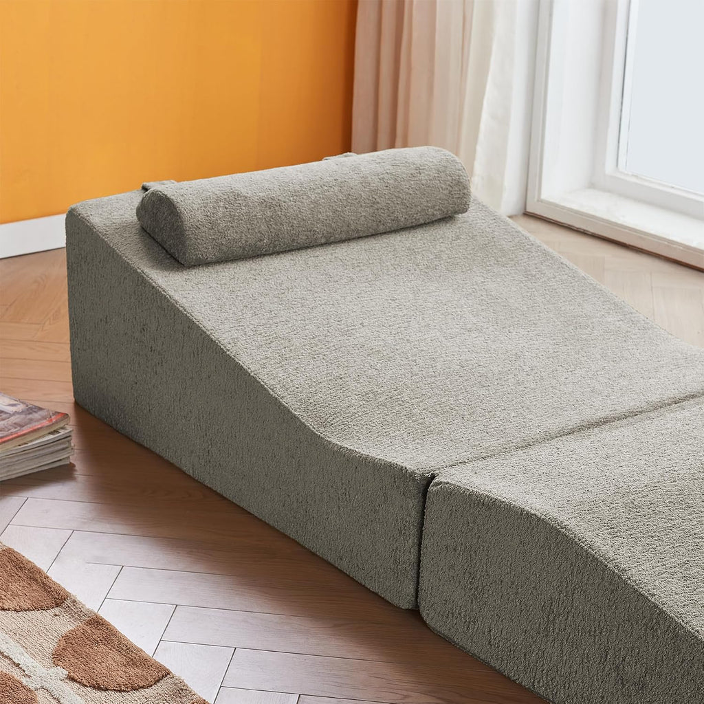 GDFStudio Rue Velvet Foldable Sofa Bed, Convertible Sleeper Chair with Pillow, Foldable Mattress with Back Support, Portable Lounge Sofa for Living Room/Bedroom, No Assembly Needed, Gray
