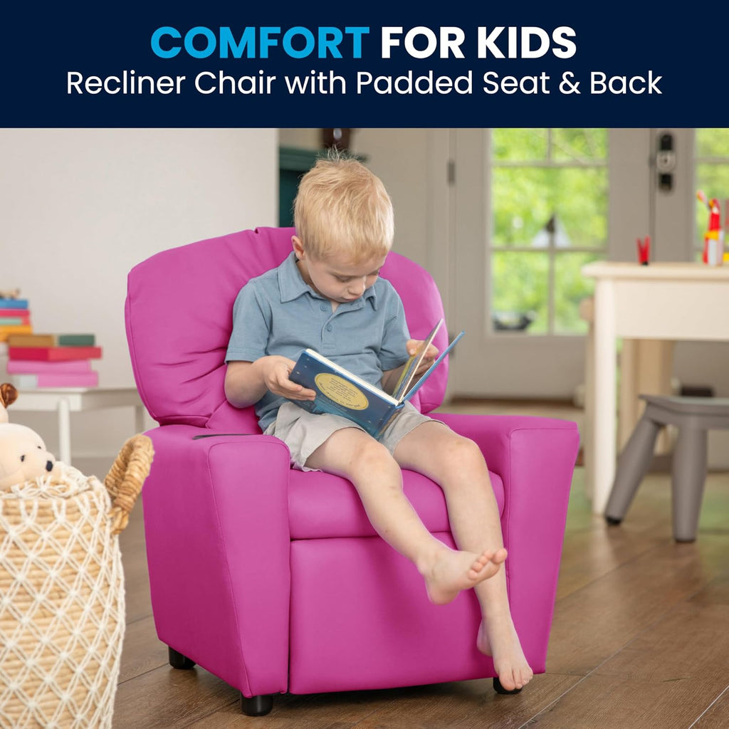 Flash Furniture Chandler Vinyl Kids Recliner with Cup Holder and Safety Recline, Contemporary Reclining Chair for Kids, Supports up to 90 lbs., Hot Pink