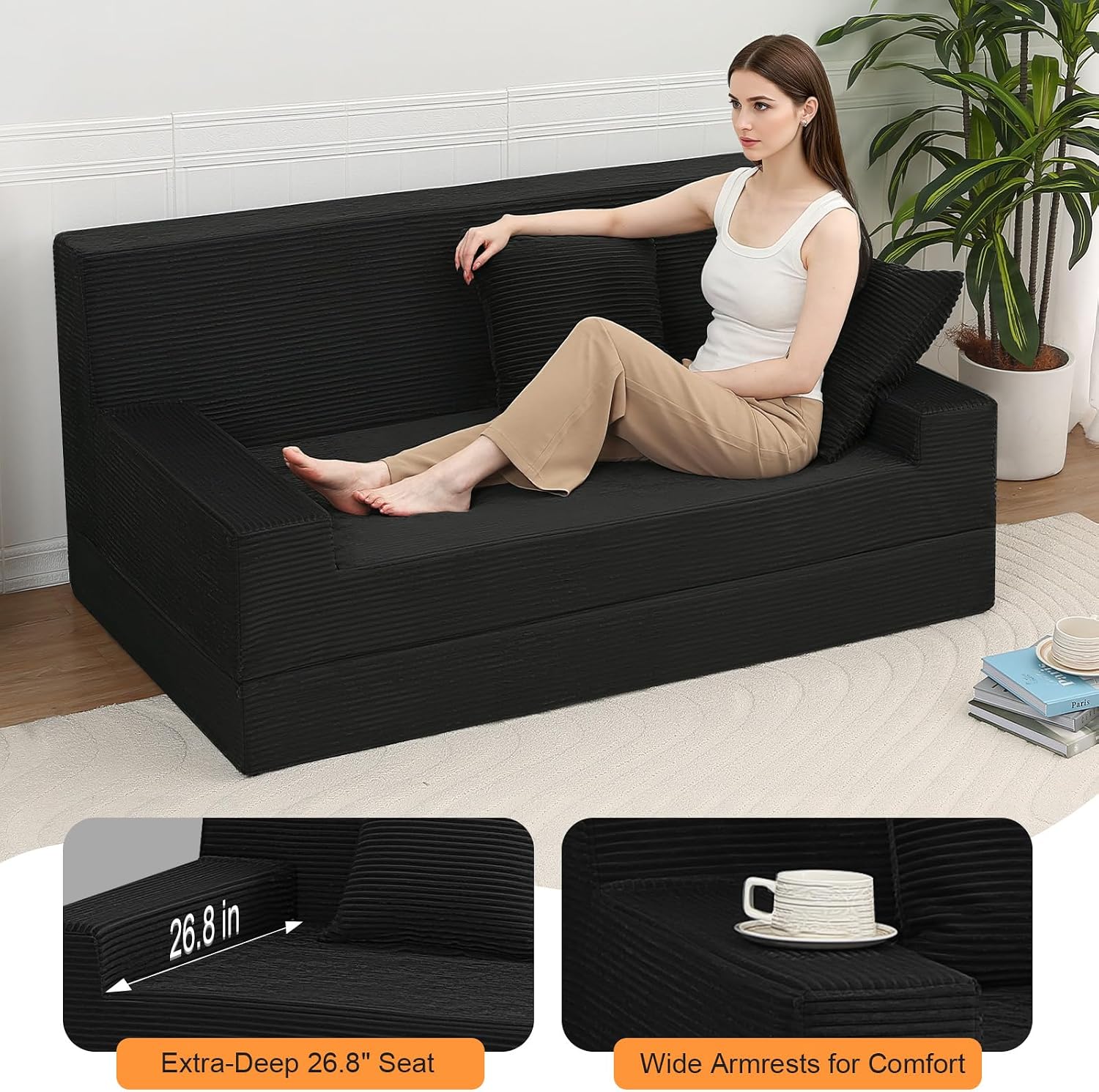 MeMoreCool 59' Loveseat Boneless Couch — Convertible Futon Sofa Bed, Corduroy Foldable 2-in-1 Floor Sleeper for Small Living Room, Apartment, Guest Room, High-Density Foam Support & Washable Cover