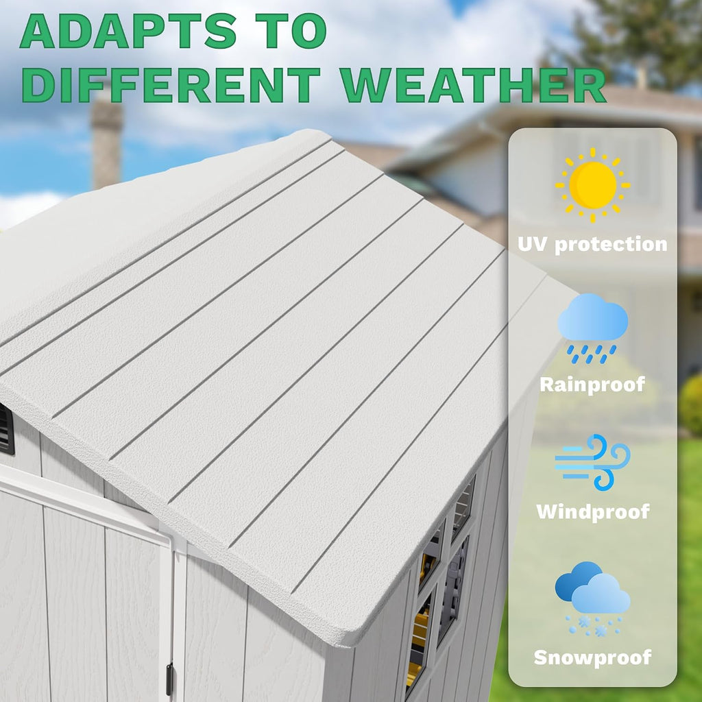 Greesum 4x4FT Plastic Storage Shed with Floor, Resin Outdoor Storaged Sheds with Lockable Door, All Weather Durable Tool Shed with Window and Vent, for Garden, Patio, Backyard, Light Gray