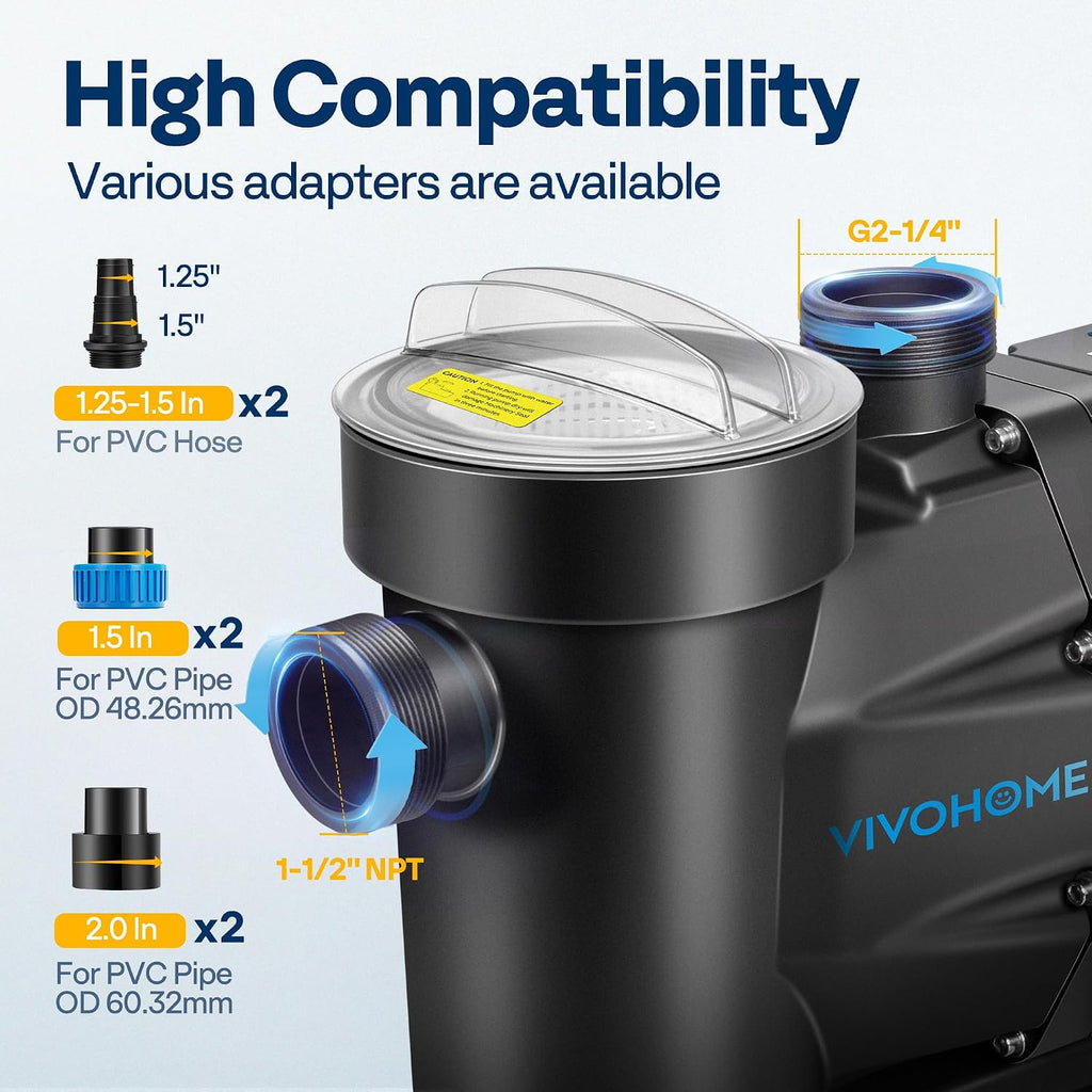VIVOHOME Self Primming in/Above Ground Swimming Pool Pump w 1.25'' & 1.5' & 2.0'' Unions Energy Saving w/Strainer Baske, 8880 GPH