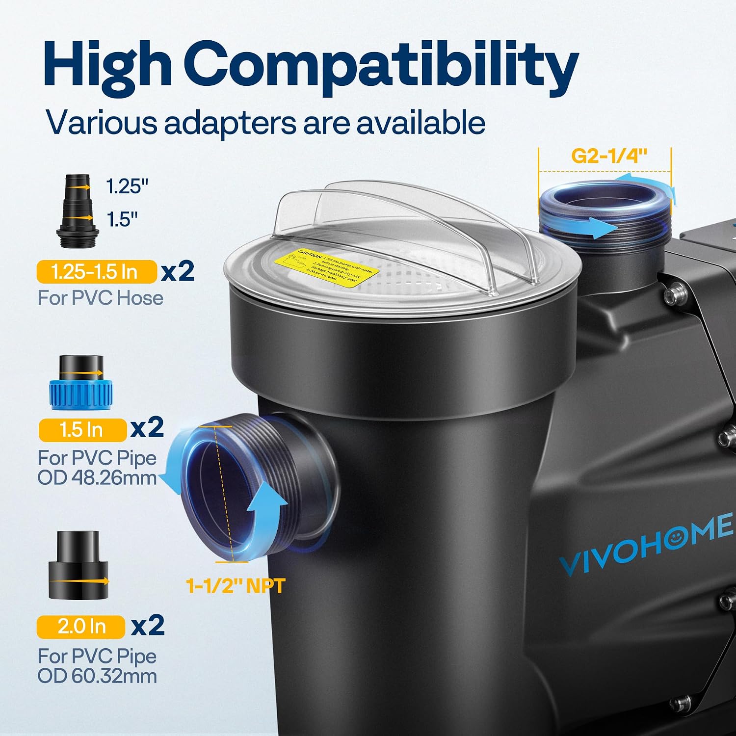VIVOHOME Self Primming in/Above Ground Swimming Pool Pump w 1.25'' & 1.5' & 2.0'' Unions Energy Saving w/Strainer Baske, 8880 GPH