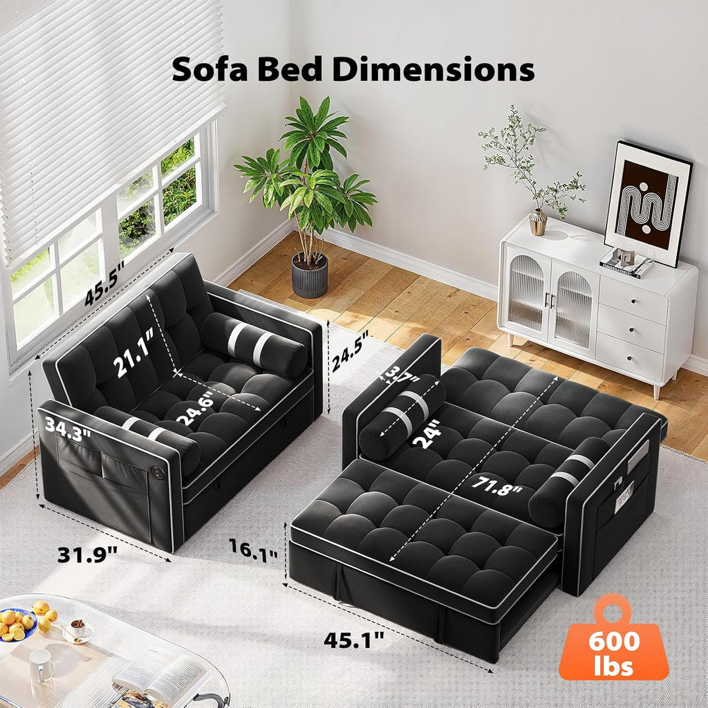 Pipishell 3 in 1 Convertible Sleeper Sofa Bed,Pull Out Couch for Living Room with USB Ports & Side Pockets,Adjustable Backrest,Velvet,Loveseat Sofa Bed,Futon Couches,Black