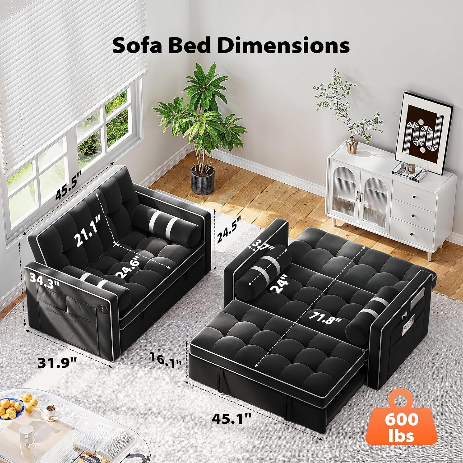 Pipishell 3 in 1 Convertible Sleeper Sofa Bed,Pull Out Couch for Living Room with USB Ports & Side Pockets,Adjustable Backrest,Velvet,Loveseat Sofa Bed,Futon Couches,Black