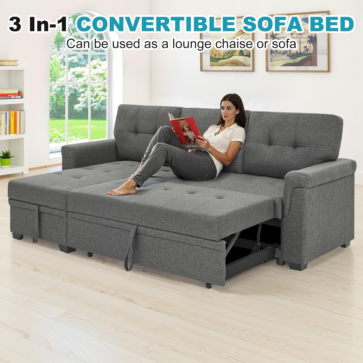 L Shaped 3 Seat Sofa Bed with Storage, 86' Sleeper Sofa Couch with Pull Out Chaise Sectional Couch for Apartment, Bedroom, Living Room, Gray