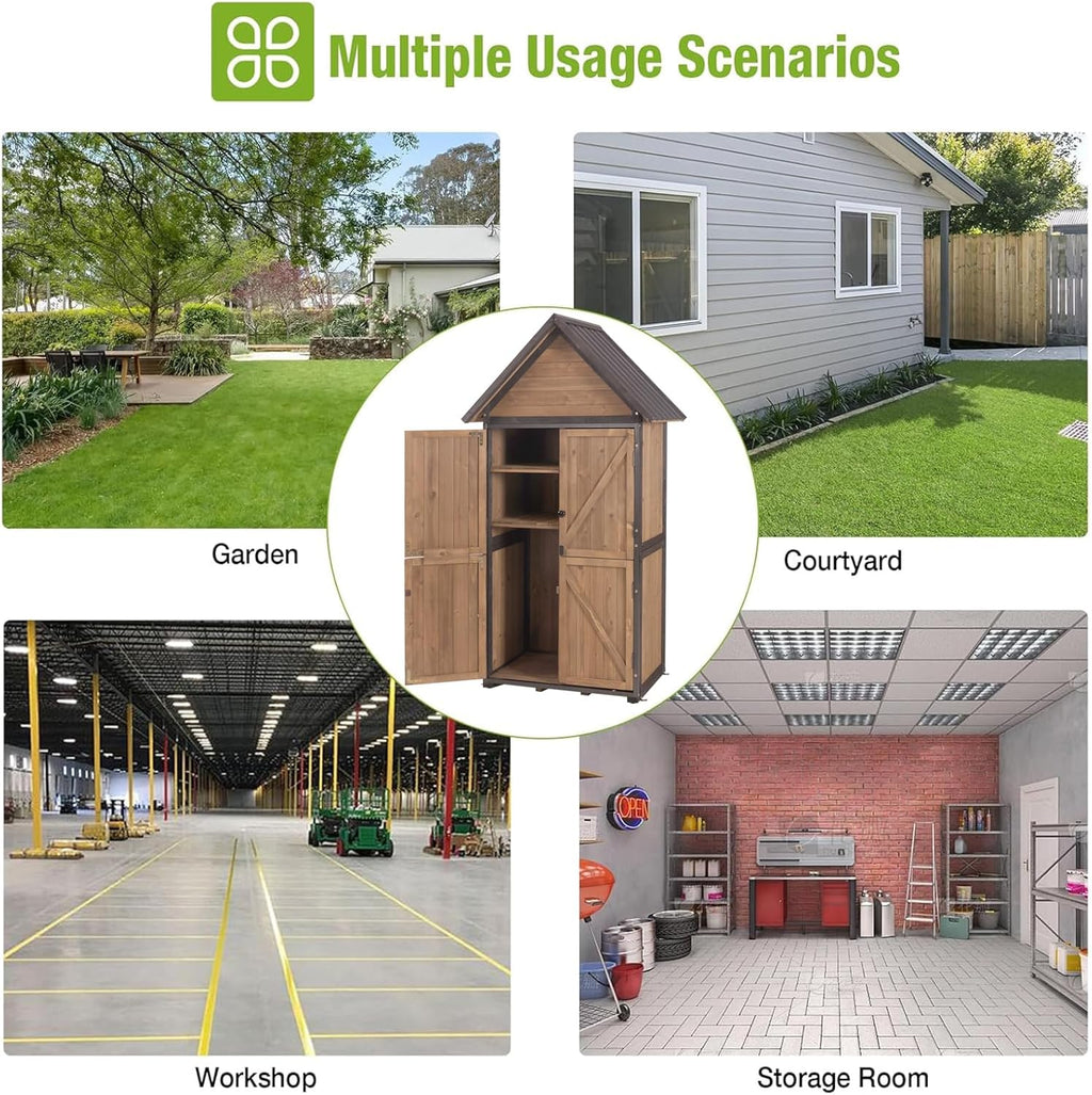 GUTINNEEN Outdoor Storage Shed with All Around Strong Metal Frame, Garden Tool Sheds Cabinet with Floor & Adjustable Shelves, Wooden Tool House for Backyard Garden Patio Lawn 67.1' H (Dark Brown)