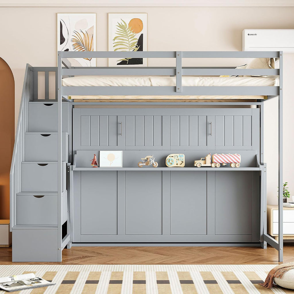 Merax Modern Farmhouse Solid Wood Loft Bed with Murphy Bed Cabinet w/Hydraulic Lift Full Over Full, Wall Bunk Bed with Storage Staircase, Shleves & Desk/Space Saving/Wood Slat Support/Gray