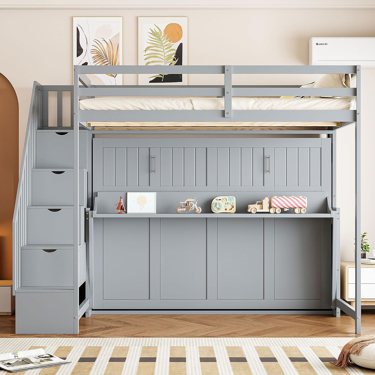Merax Modern Farmhouse Solid Wood Loft Bed with Murphy Bed Cabinet w/Hydraulic Lift Full Over Full, Wall Bunk Bed with Storage Staircase, Shleves & Desk/Space Saving/Wood Slat Support/Gray