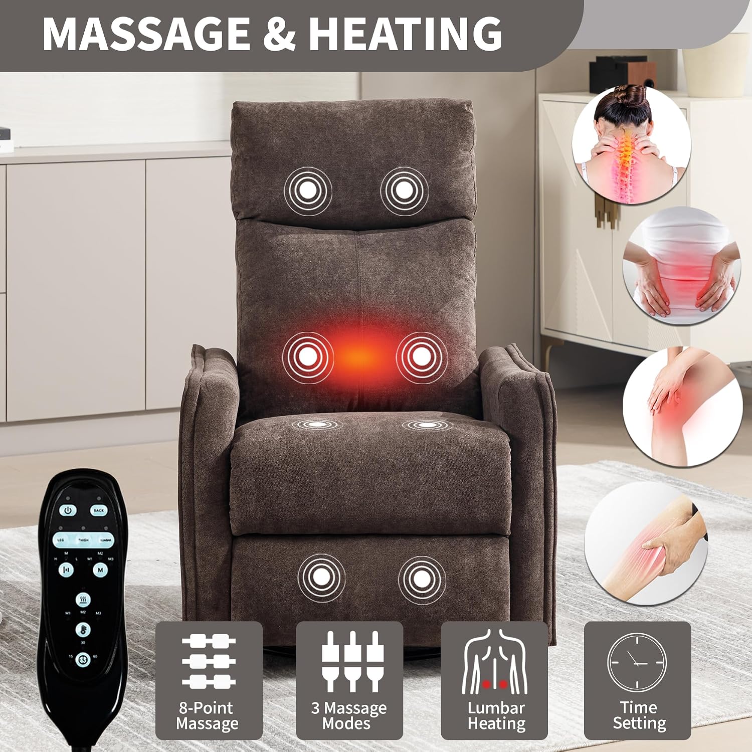 Massage Chair Recliner with Heat, 360° Swivel Glider Rocker with Reclining Backrest and Footrest, Manual Lazy Boy Recliners for Adults, Modern Nursery Rocking Chairs (Brown)